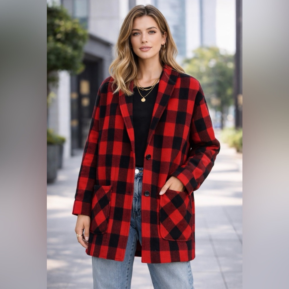 Native Youth Red Plaid Jacket Shacket Wool Blend Button Front Women’s Medium